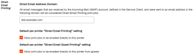 The configurable default direct email and direct guest email print settings. 