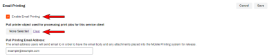 Email printing section with arrows going to the Enable Email Printing and button to choose the service client to use in the configuration. 