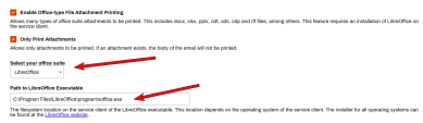 Enable Office-type File attachement printing section with arrows pointing to the Select office suite dropdown, and the text field to enter the path to the LibreOffice Executable.