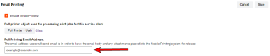 Email printing section with an arrow pointing to the Pull Printing Email Address field. 