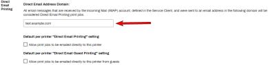 Direct Email Printing settings with an arrow pointing to the Direct email Address field. 