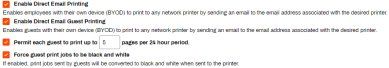 Email Printing tab showing the enable/disable options for direct email and direct guest email printing. 