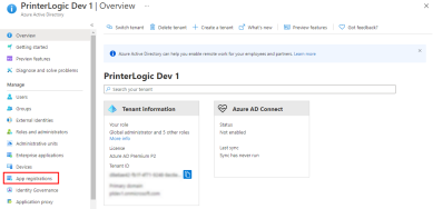 Azure dashboard with the App Registrations option highlighted on the left. 