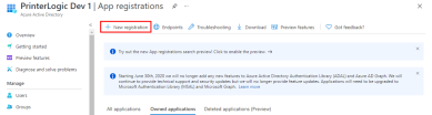 Azure dashboard, App registrations section with the + New Registration button highlighted in the upper left. 