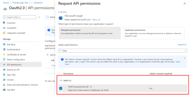 Request API permissions section with the IMAP Access As User All option highlighted and selected. 