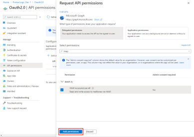 Request API permissions section with the Add Permissions button highlighted at the bottom. 