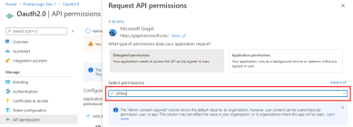 Request API permissions section with offline highlighted and entered into the search bar. 