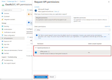 Request API permissions section with offline access selected and the Add permissions button highlighted. 