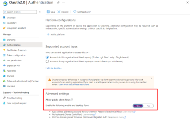 Authentication section with the Advanced Settings Allow public client flows enabled and highlighted. 