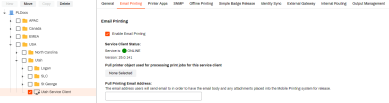 Admin Console showing a service client object and its email printing tab highlighted. 