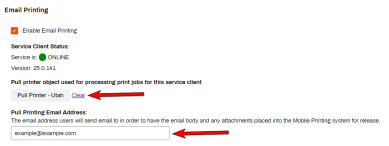 Email Printing tab with arrows pointing to the Pull Printing Email address section and the Pull Printer button. 