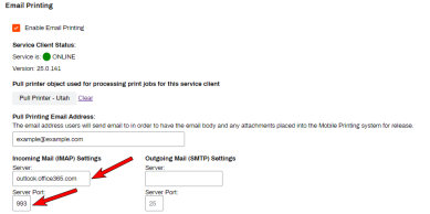 Incoming Mail (IMAP) Settings section with arrows pointing to the Server and Server Port fields.