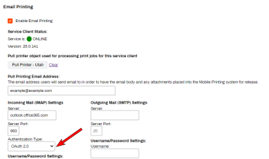 Authentication Type section with an arrow pointing to the Authentication type drop-down.