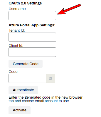 Oauth 2.0 settings with an arrow pointing to the username field.