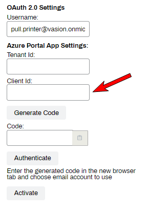 OAuth Settings section with an arrow pointing to the Client ID field. 