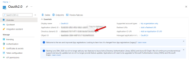 Azure Portal Oauth 2.0 section with an arrow pointing to the Directory (tenant) ID field and data.