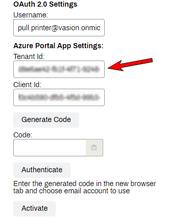 Email printing tab with the Tenant ID filed highlighted and the value from Azure Portal added. 