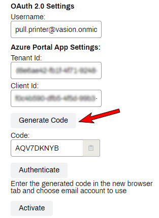 Email Printing tab with the Generate Code button highlighted. 