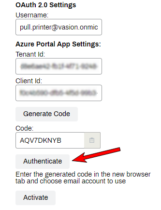 Email Printing tab with an arrow pointing to the Authenticate button under the code field.