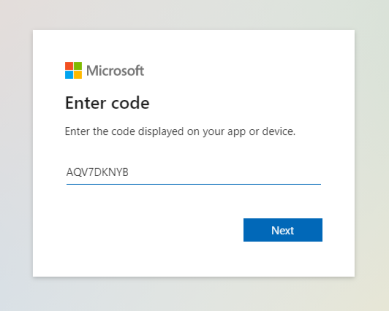 Microsoft login screen asking for the generated code. 