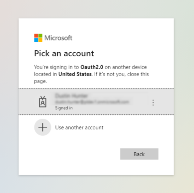 Microsoft login screen asking to Pick the Account to use for authentication. 