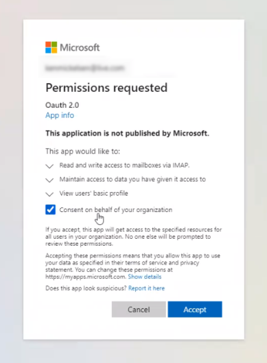 Microsoft login screen with permissions and a consent checkbox showing. 