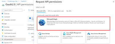 Request API permissions section with the Microsoft Graph API highlighted. 