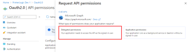 Request API permissions section for Microsoft Graph, with the Delegated permissions option highlighted. 