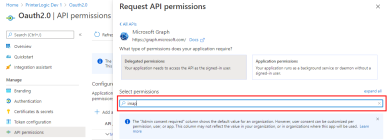 Request API permissions section with imap entered into the Select permissions search window. 