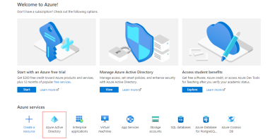 Azure dashboard with the Azure Active Directory icon highlighted. 