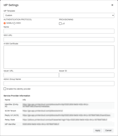 New IdP UI showing the different fields and drop-downs used to configure an identity provider. 