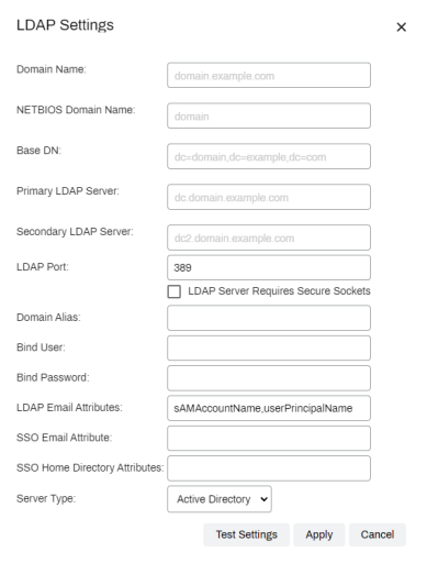 LDAP Settings pop-up showing the different fields used to configure LDAP. 