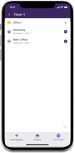 Add Printer screen showing available printers within a folder, and each printer has the add icon to the far right. 