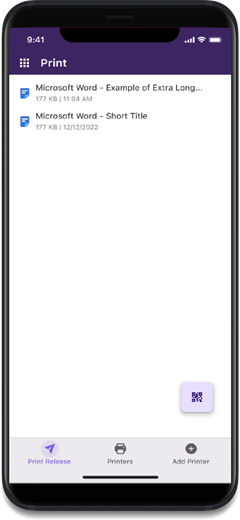 Print release screen showing two unselected jobs and the QR code scanner button in the bottom right. 