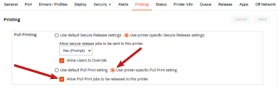 Printer object's Printing tab with arrows pointing to the User printer-specific setting and the Allow pull print jobs to be released to this printer, setting. 