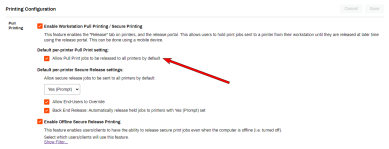 Pull Printing section with an arrow pointing to the Allow Pull Print jobs to be released to all printers by default, setting. 