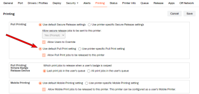 Printer object's Printing tab with an arrow pointing to the option to Use default Pull Print setting. 