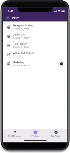 List of available printers each showing the delete icon to the far right. 