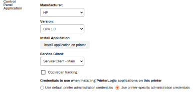 Printer object's Apps tab showing the CPA v1 installation fields and buttons, with the Service Client drop-down and Install copy/scan tracking on printer checkbox. 