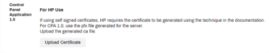 Control Panel Application 1 section showing the Upload Certificate button. 