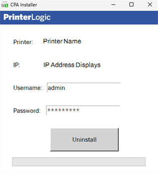 CPA v1 CPA Installer pop-up showing the Printer name, IP address, fields for the username and password, and the Uninstall button at the bottom. 