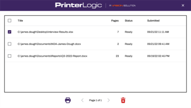 Control Panel Application window as seen after it's installed on the printer, showing three jobs sitting in a user's print queue and ready for release.