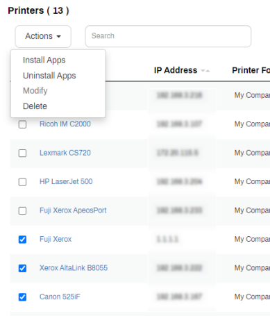 Printer Apps tab with three printers selected, and the Actions drop-down expanded showing the Install Apps sub-option.