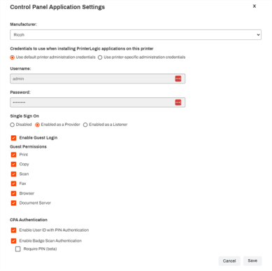 Add Printers pop-up where the control panel application settings are defined, including installation credentials, Single sign-on settings, and CPA authentication method. 