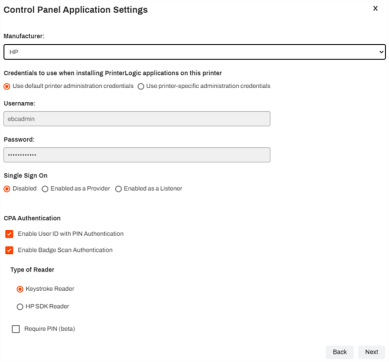 Add Printers pop-up where the control panel application settings are defined, including installation credentials, Single sign-on settings, and CPA authentication method. The Next button is highlighted in the bottom right. 