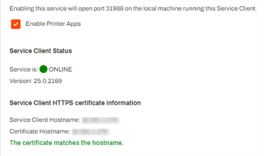 Service Client - Printer Apps tab with the service enabled