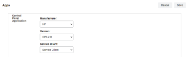 Printer object's Apps tab showing the drop-downs for Manufacturer, Version, and Service Client with values selected.