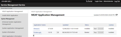 MEAP Application Management tab showing the Stop button to the right of the PrinterLogic entry.