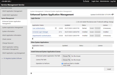 Enhanced System Application Management window with the Operation to Perform Install and Start selected