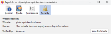 Security tab of the Page Info modal with the View Certificate option